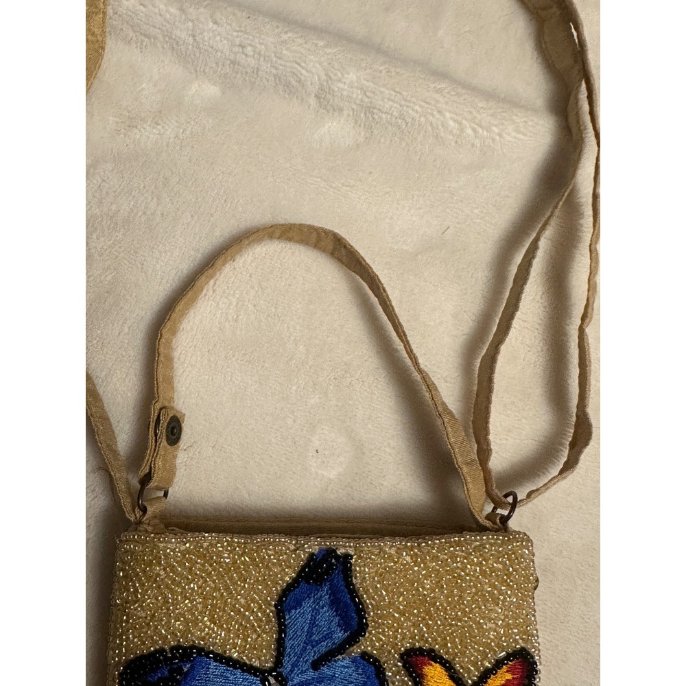 Beaded Butterfly Crossbody Phone Bag Gold Seed Bead Embroidered Small Pouch - Picture 8 of 15